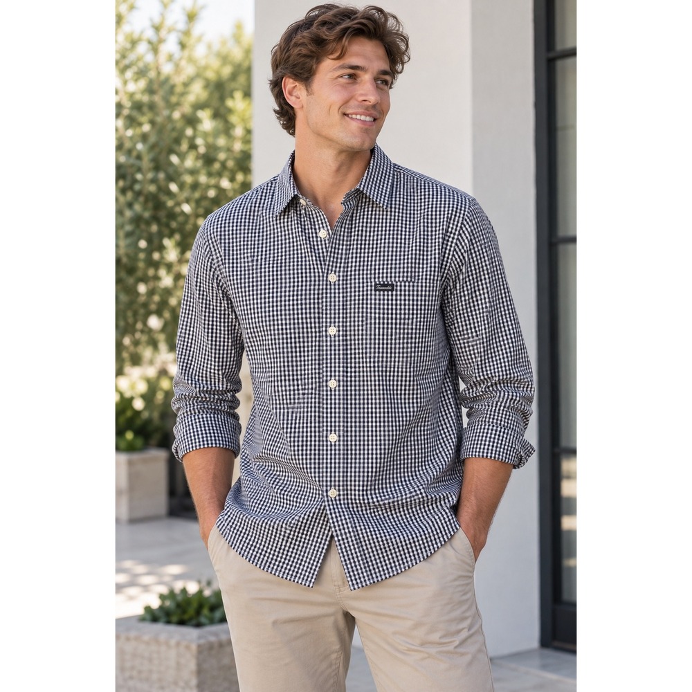 Faconnable Mens Button Down Shirt Gingham 100% Cotton Navy Blue White Medium M